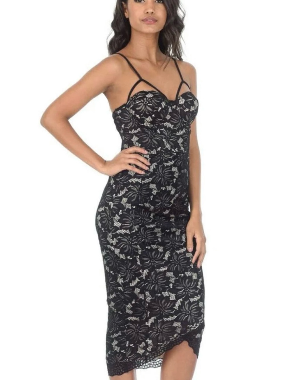 AX Paris Black Lace Slip Dress with Contrast Underlay - Women Intimates